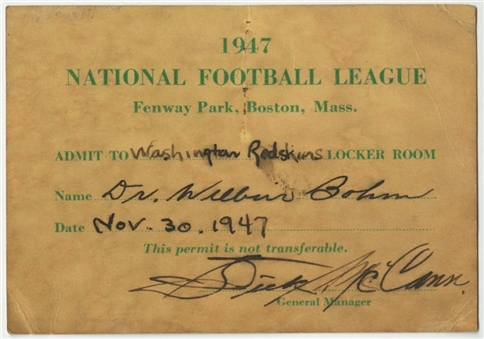 1947 Dick McCann Signed Washington Redskins Locker Room Permit (Beckett)